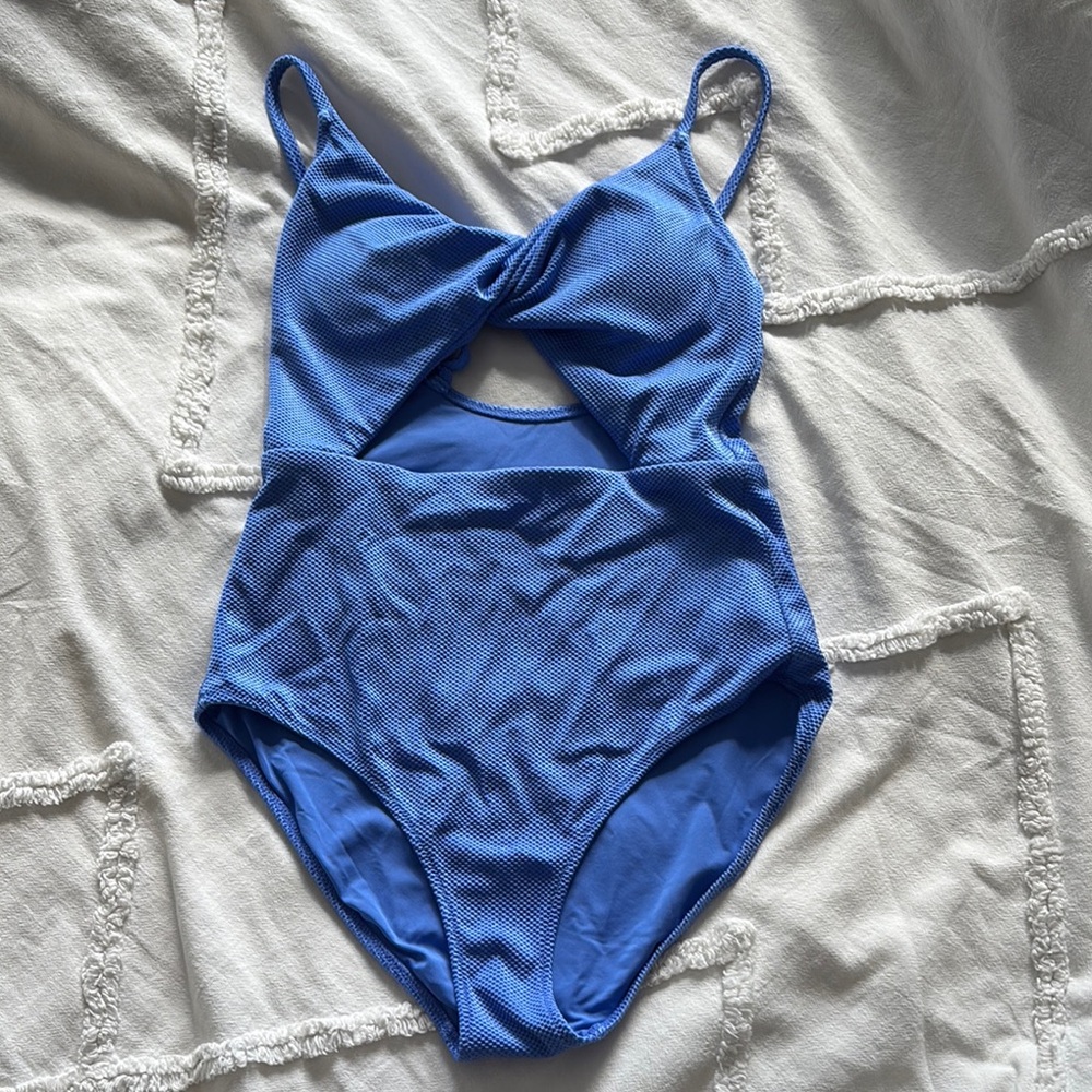Aerie Shine Pique Twist Scoop One Piece Swimsuit (Blue)